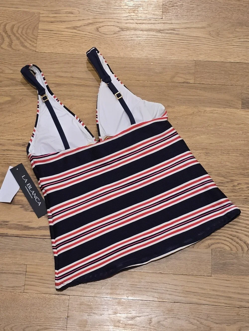 LA Blanca Sailor Stripe Lace-Up Tankini Top Sexy Fit Indigo Multi Sz 4 NWT